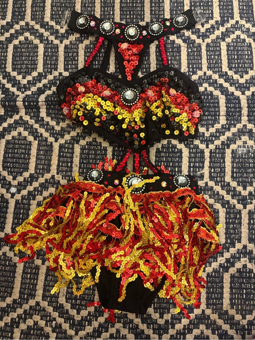 Glamour Black Sequin Dance Costume with Red and Yellow Fringe